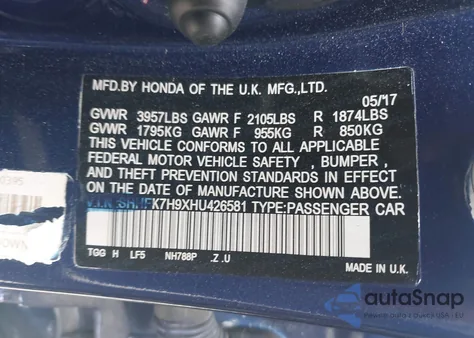 2017 Honda Civic Sport Touring из США, поврежденный, VIN SHHFK7H9XHU426581